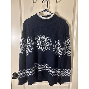 Talbots Snowflake Fair Isle Wool Blend Turtleneck Sweater Navy/White Size Large